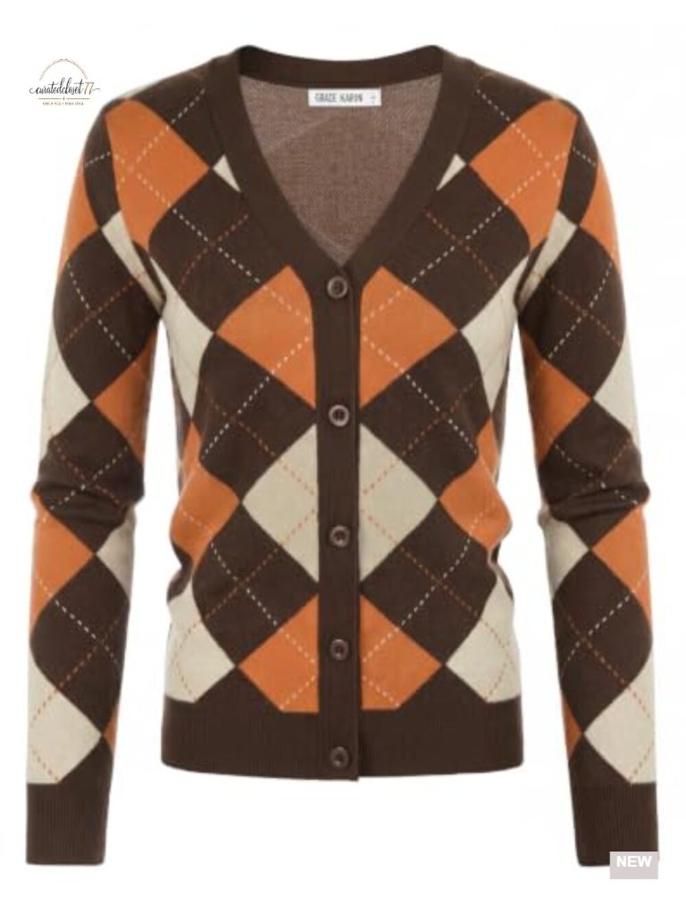 Slim Fit Argyle Cardigan Long Sleeve V-Neck Button Down Sweater Preppy Office